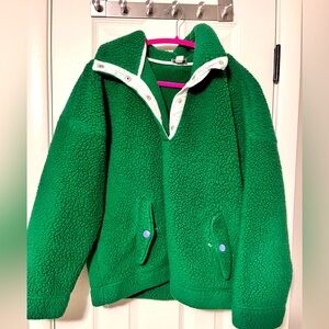 J. Crew Green Teddy Fleece Jacket with White Snap Placket